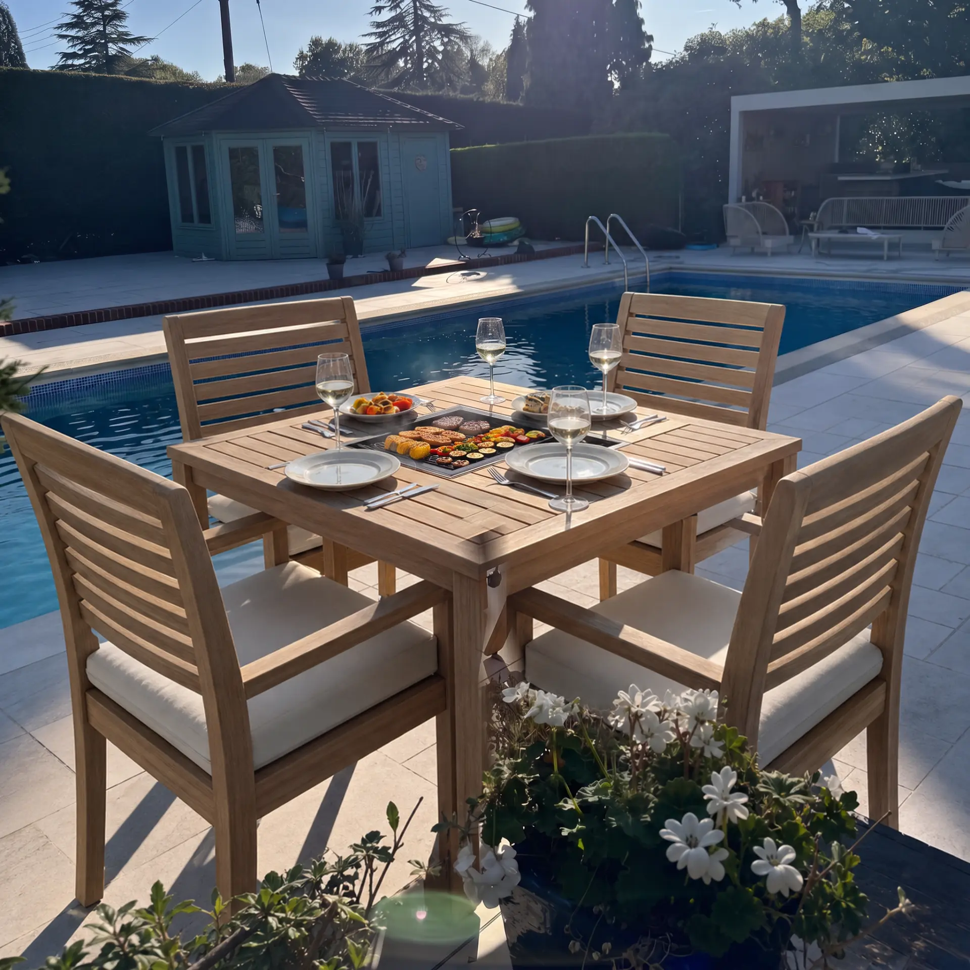Indugia teak grill table with food cooking, place settings and wine beside a swimming pool