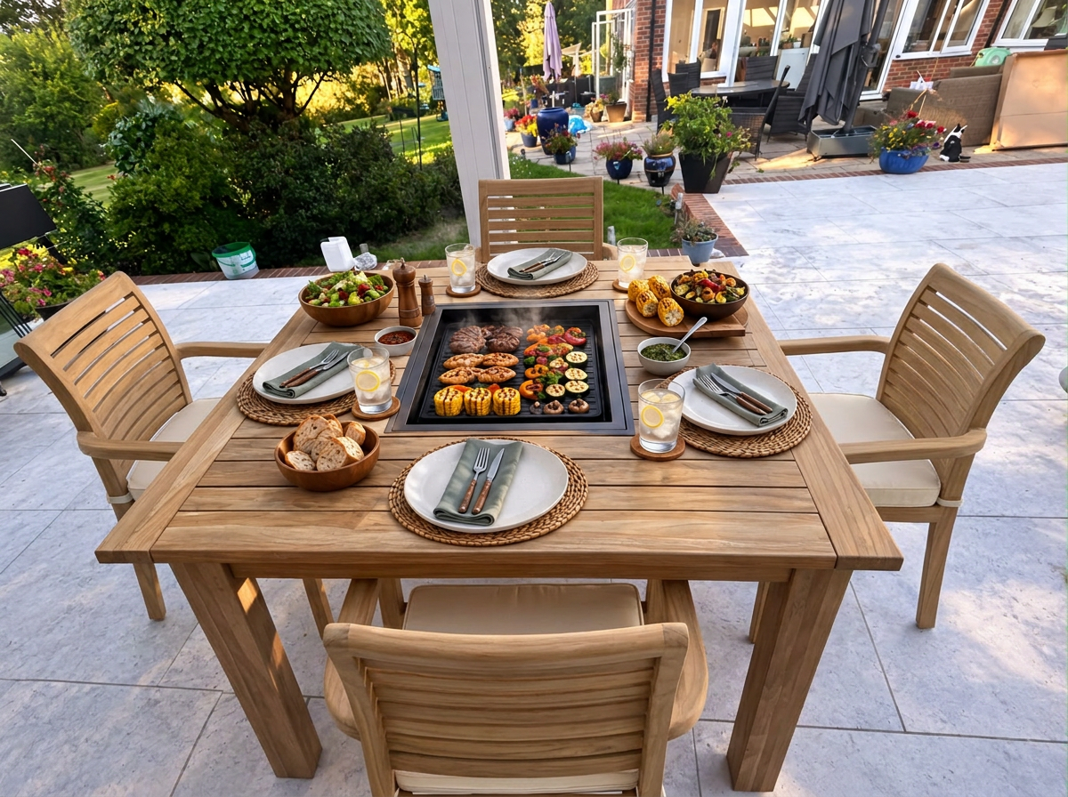 Indugia teak grill table set for four with matching slatted chairs, food and place settings on a patio